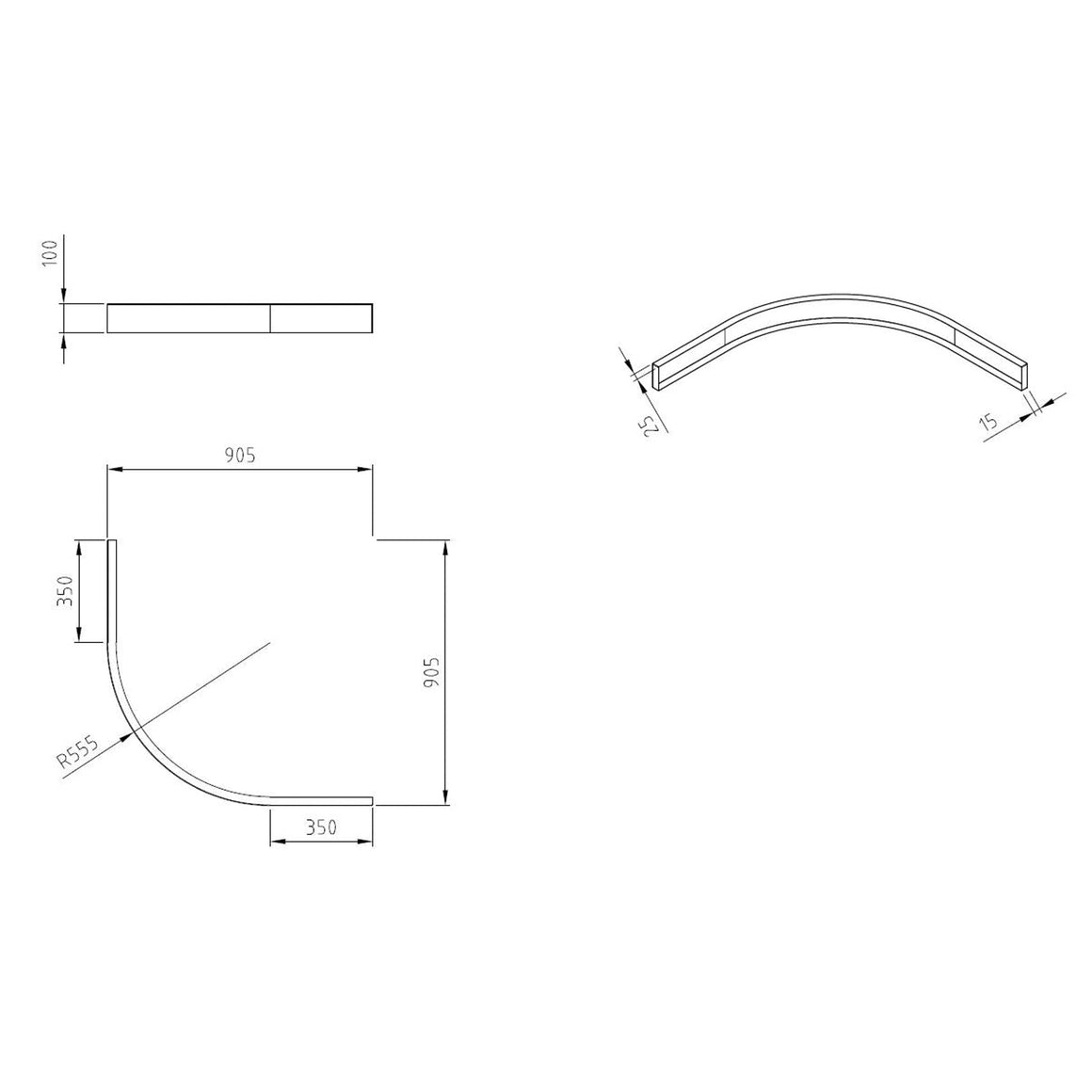 Wiesbaden voorzetpaneel douchebak kwartrond 90 x 90 cm - technische tekening