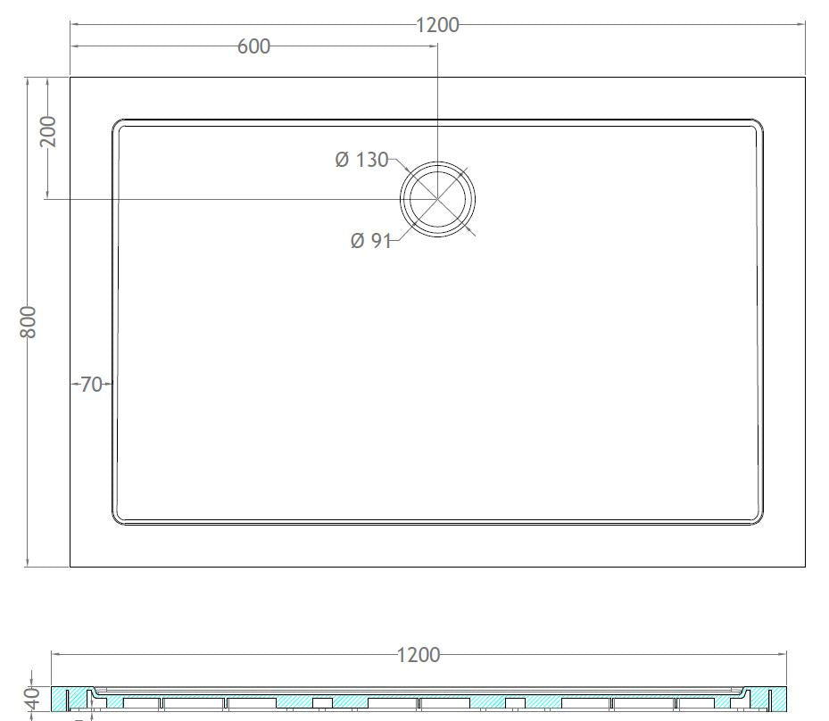 Xellanz luxe douchebak SMC rechthoek 120 x 80 cm wit - technische tekening