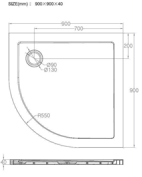 Luxus-Duschwanne SMC 1/4 rund 900x900x40 Einbau weiß