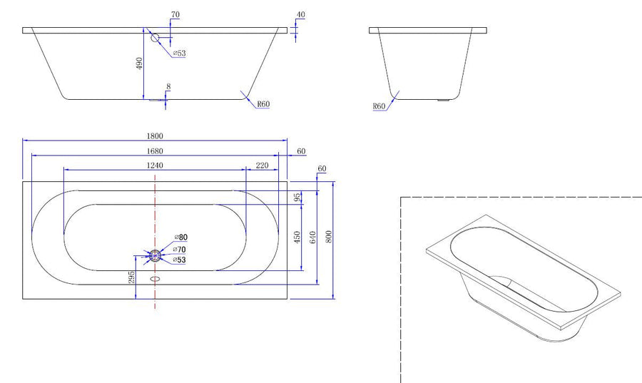 Portus RD inbouw duo ligbad 180x80x49 cm acryl glans wit
