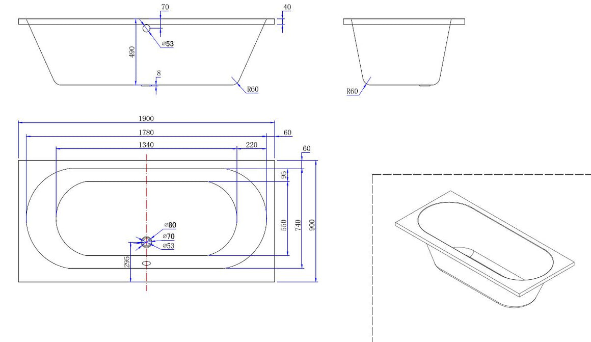 Xellanz Portus RD duo inbouwbad 190x90 glans wit - technische tekening
