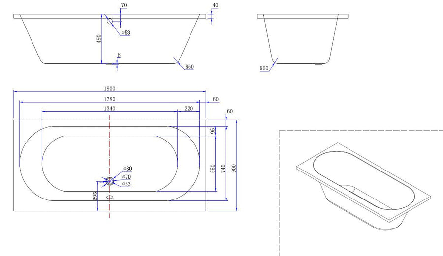 Portus RD inbouw duo ligbad 190x90x49 cm acryl glans wit