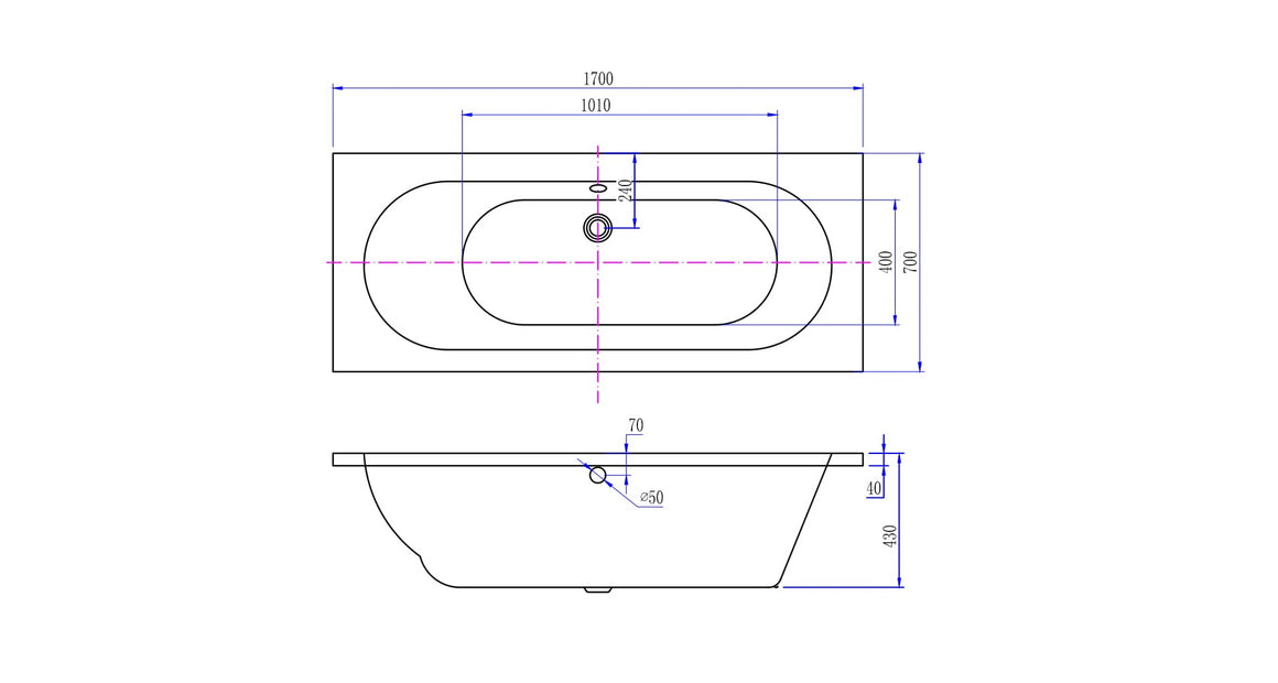 Xellanz Portus RD inbouwbad 170x70 glans wit - technische tekening