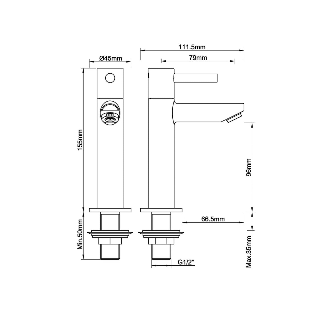 Wiesbaden Caral Amador fonteinkraan XL Mat zwart - technische tekening