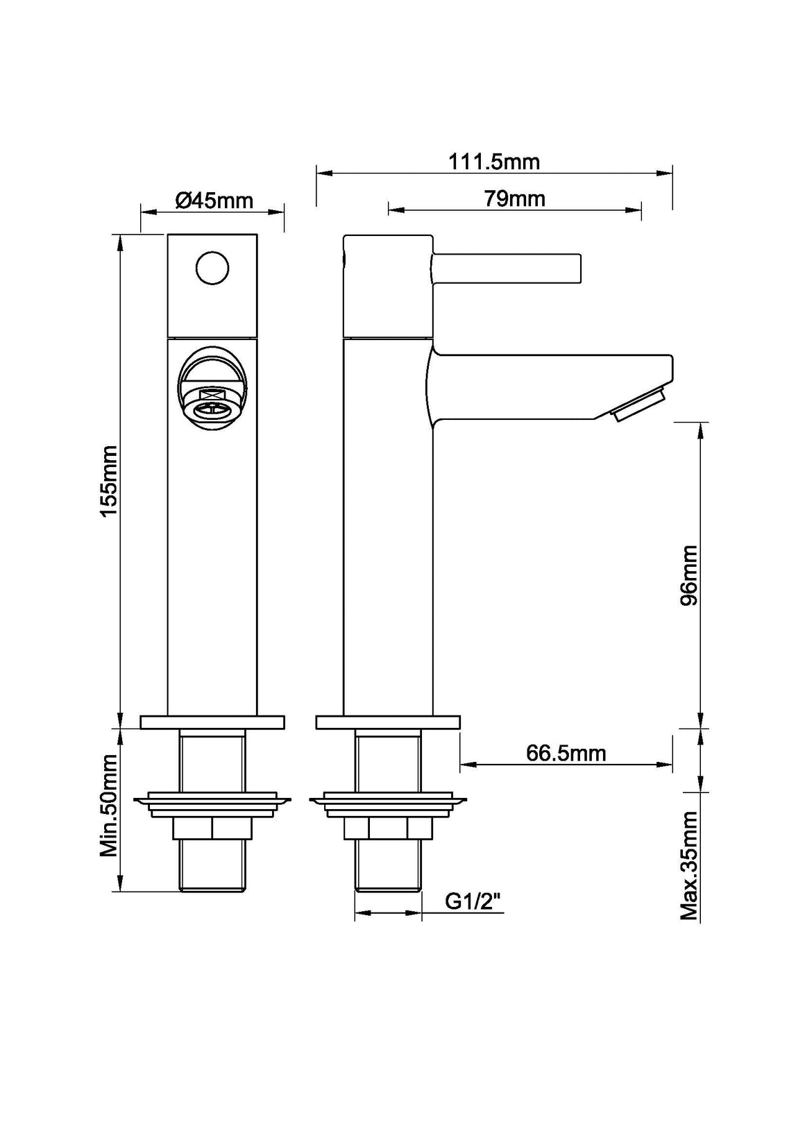 Wiesbaden Caral Amador fonteinkraan XL Mat zwart - technische tekening