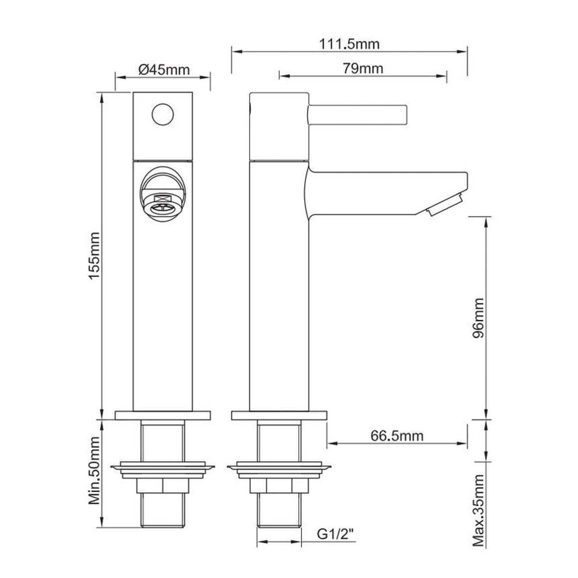Wiesbaden Caral Amador fonteinkraan XL PVD Geborsteld messing - technische tekening