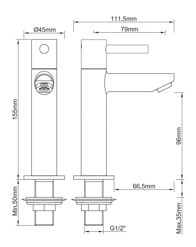 Wiesbaden Caral Amador fonteinkraan XL PVD Geborsteld messing - technische tekening