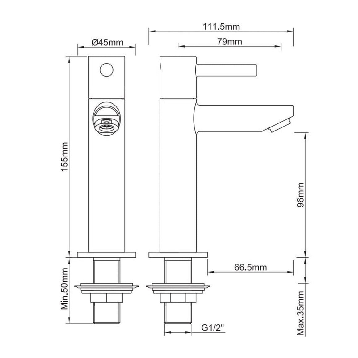 Wiesbaden Caral Amador fonteinkraan XL PVD Gunmetal - technische tekening