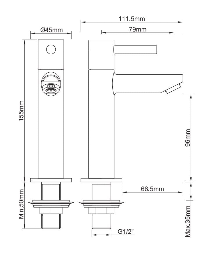 Wiesbaden Caral Amador fonteinkraan XL PVD Gunmetal - technische tekening