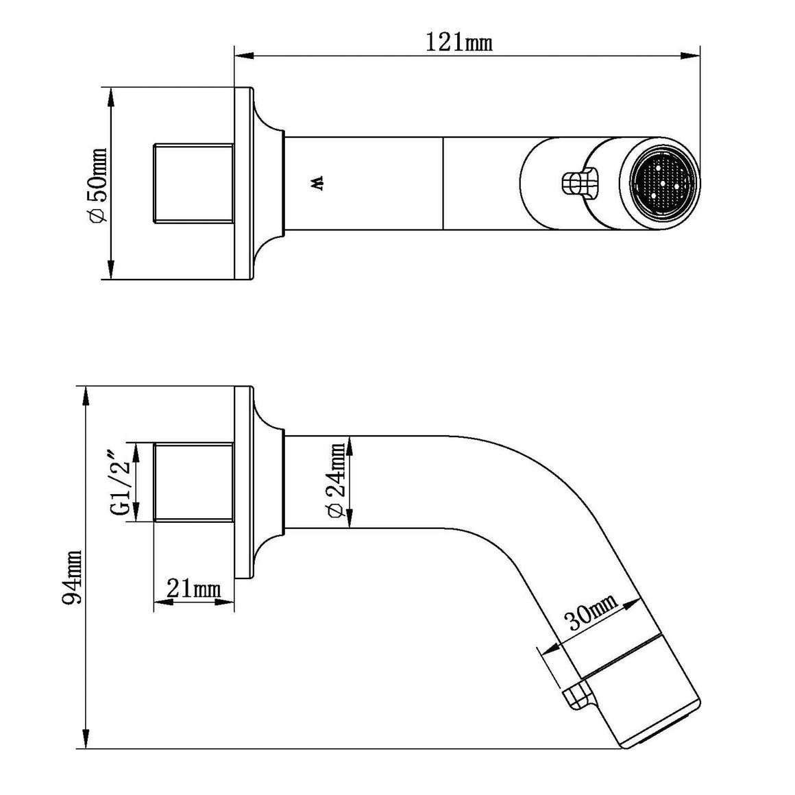 Wiesbaden Sophia fonteinkraan met muurbevestiging 1/2" chroom - technische tekening