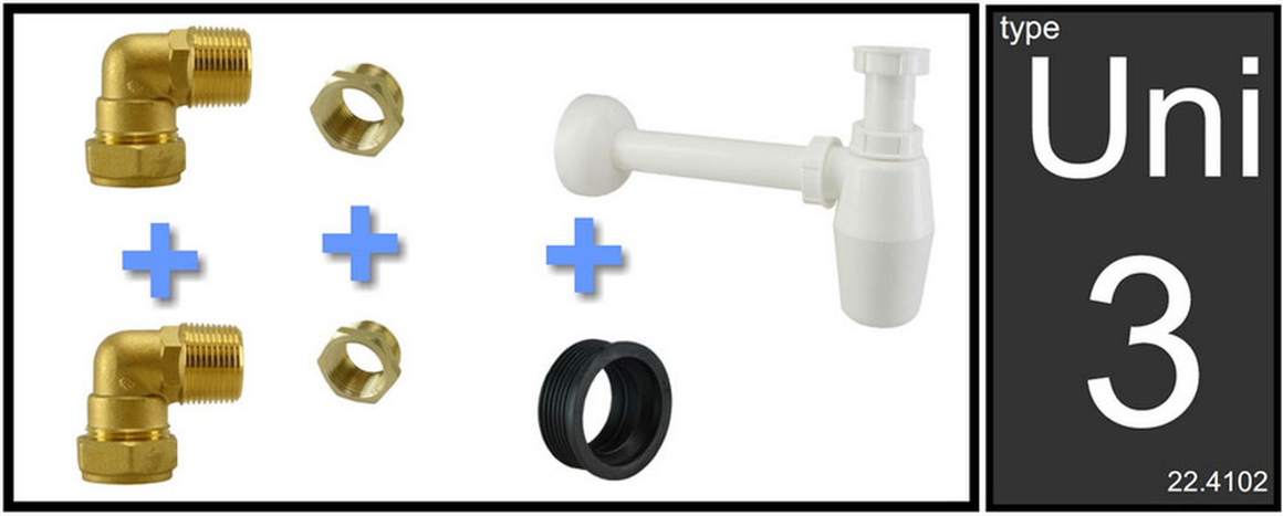 Xellanz Uni - 3 fontein - en wastafelaansluitset met PVC sifon - productfoto - setinhoud