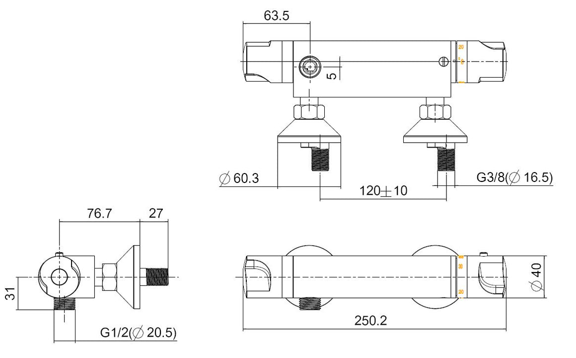 Xellanz Universele thermostatische douchemengkraan 12 cm chroom - technische tekening