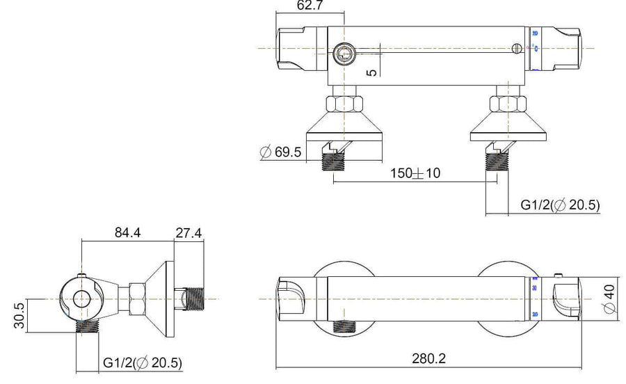 Universele thermostatische douchemengkraan 15cm chroom