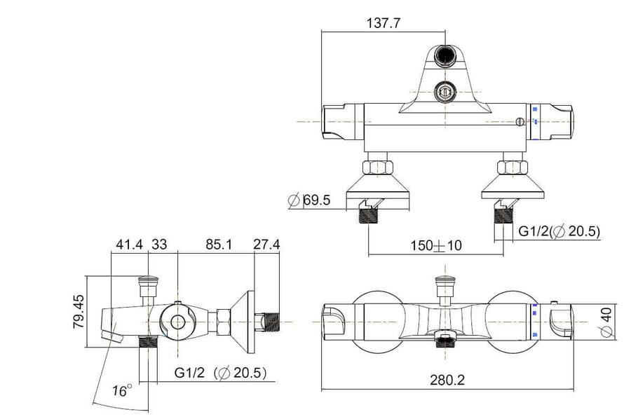 Universele thermostatische badmengkraan chroom