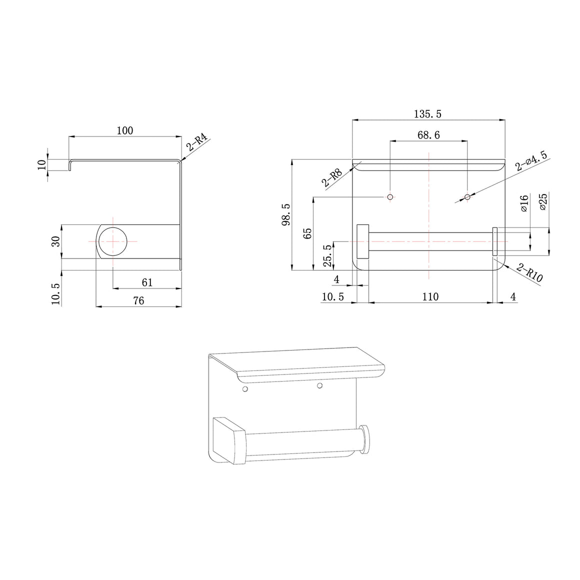 Wiesbaden Brush toiletrolhouder Mat zwart - technische tekening