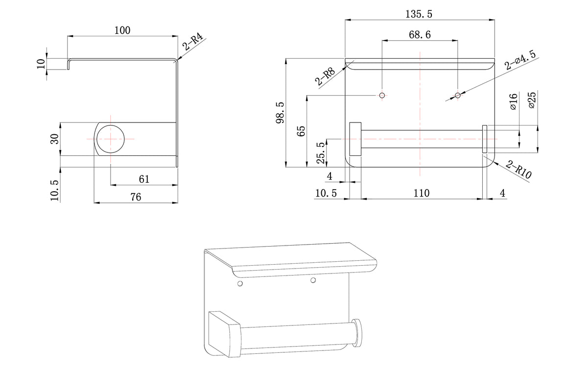 Wiesbaden Brush toiletrolhouder Mat zwart - technische tekening