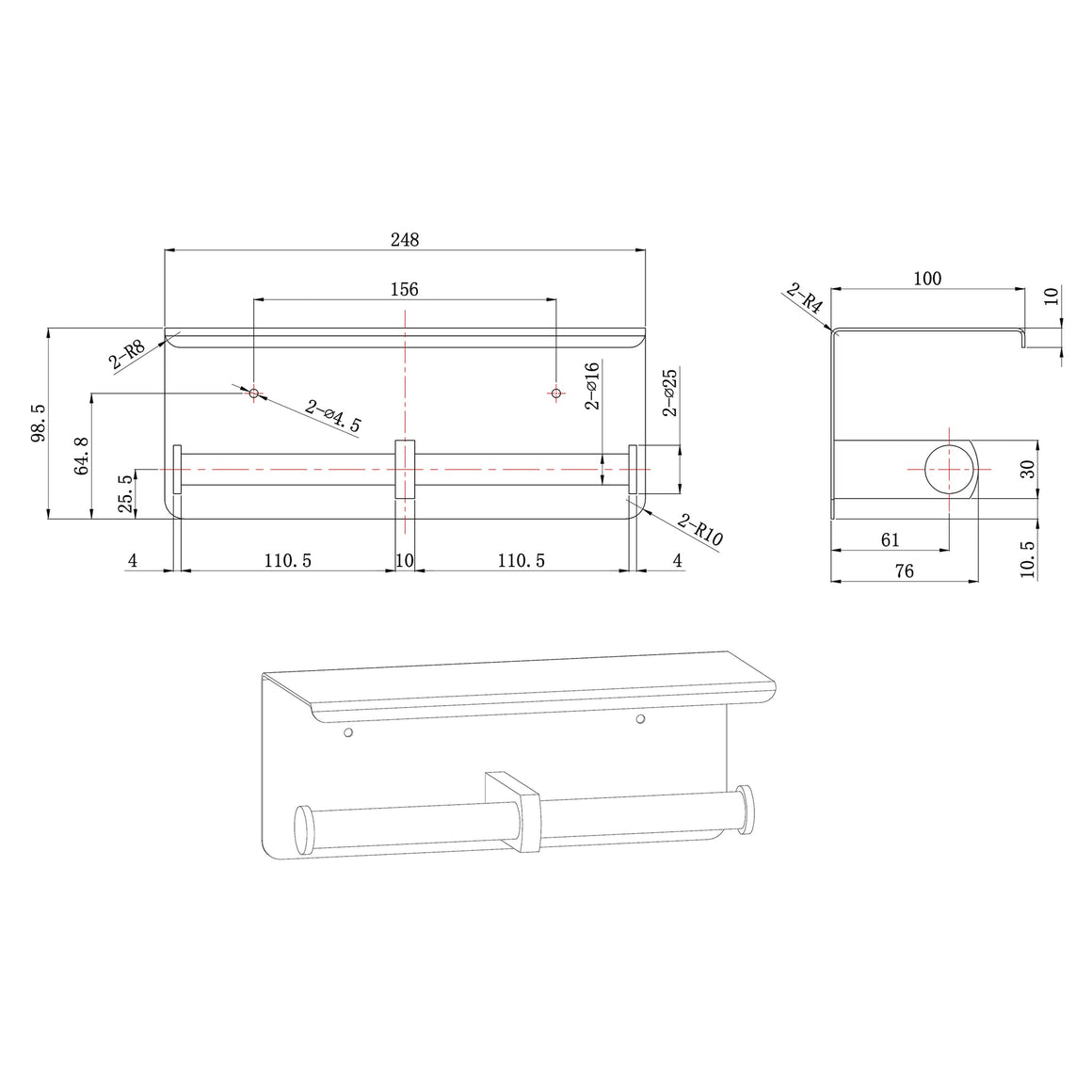 Wiesbaden Brush dubbele toiletrolhouder Mat zwart - technische tekening