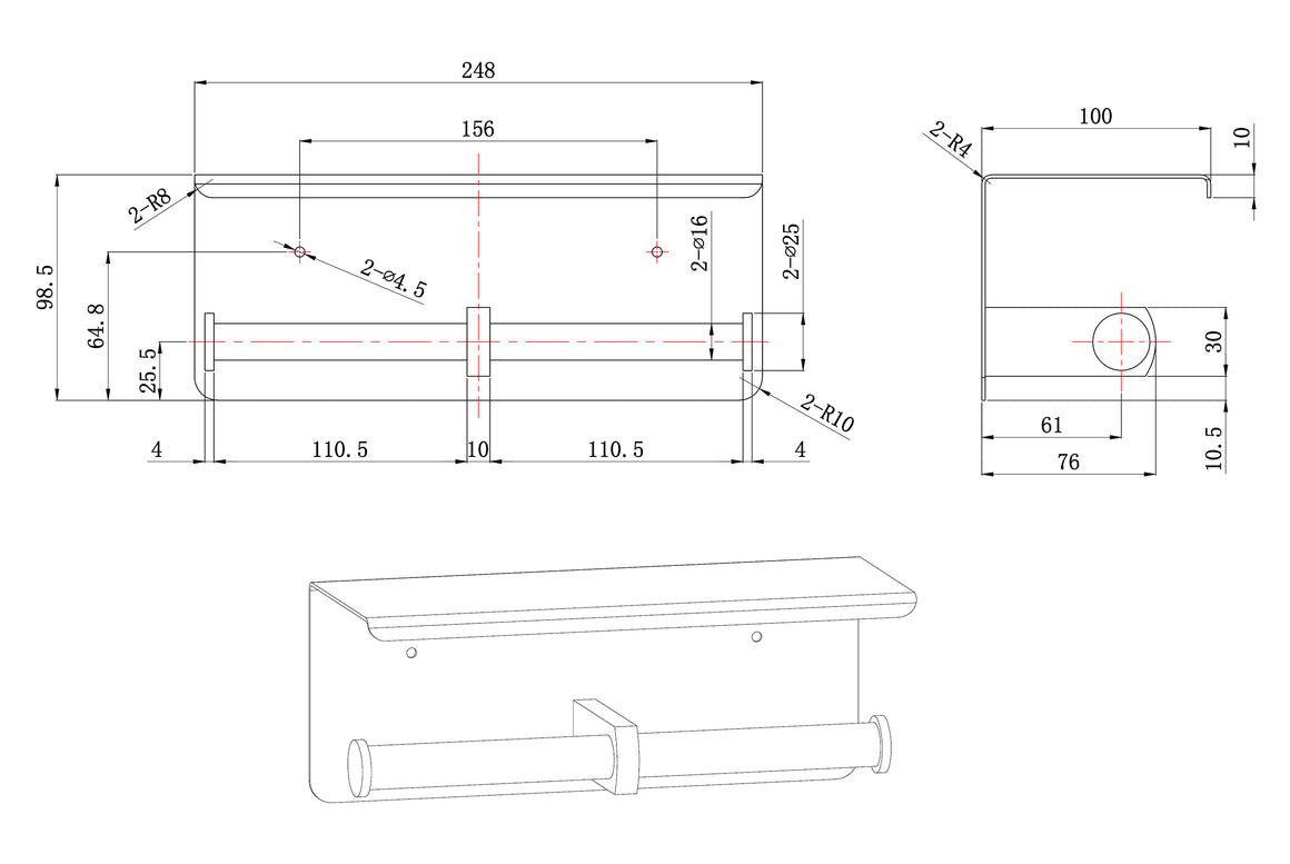 Wiesbaden Brush dubbele toiletrolhouder Mat zwart - technische tekening