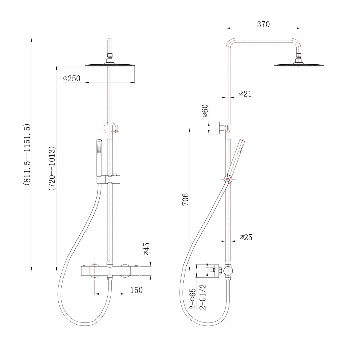 Wiesbaden 304 thermostatische regendoucheset opbouw geborsteld RVS - technische tekening