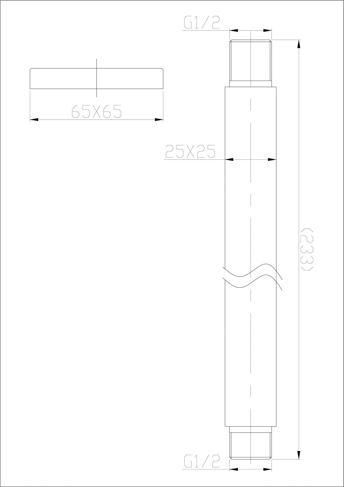 Wiesbaden 304 douchearm met plafondbevestiging vierkant 20 cm geborsteld RVS - technische tekening
