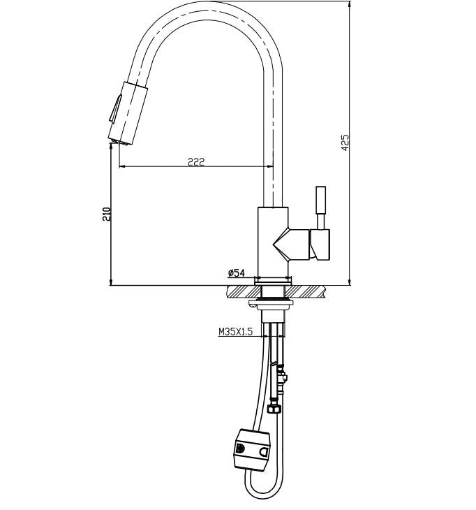 Xellanz Benton keukenkraan geborsteld RVS - technische tekening