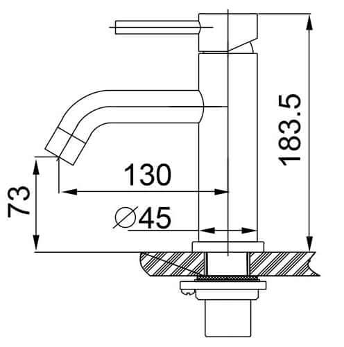 Technische tekening Wiesbaden 304 wastafelkraan 24.3710 met hoogte en uitloopmaten