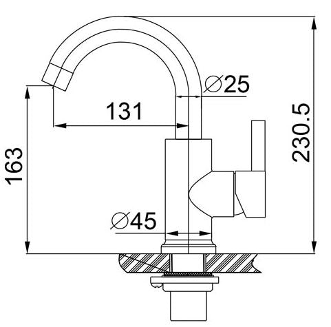Xellanz Wes 24.3712 – technische tekening met hoogte 230,5 mm en uitloopafstand 131 mm