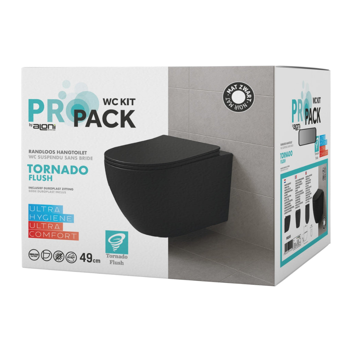 Aloni Pro Hangtoilet Randloos Tornado Flush – Compact 49 cm – Met Softclose Zitting – Wand WC – mat zwart #kleur_mat-zwart