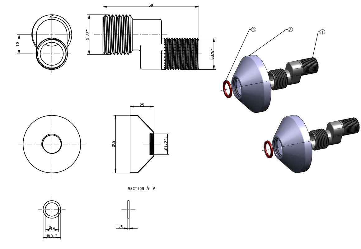 Riko set luxe S-koppelingen 1/2" x 3/8" met rozet - technische tekening