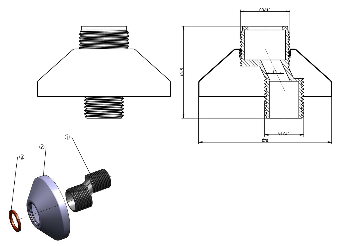 Riko set luxe S-koppelingen 1/2" x 3/4" met rozet - technische tekening