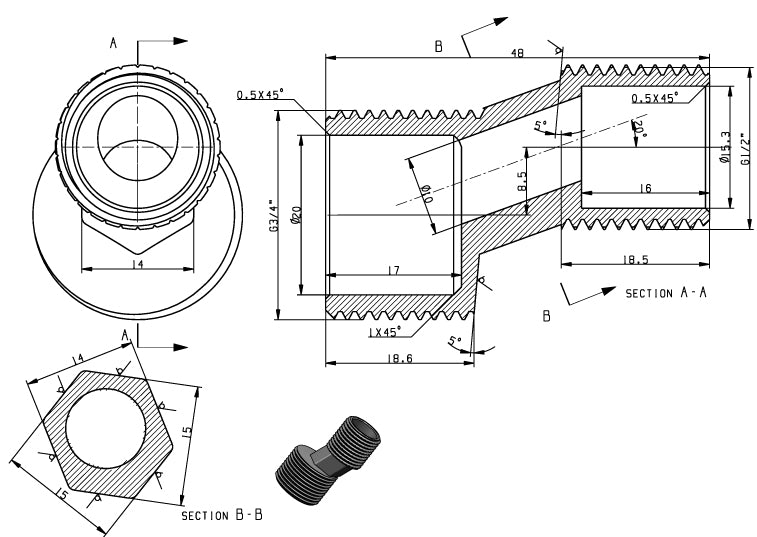 Riko losse S-koppeling 3/4 x 1/2 zonder rozet - technische tekening