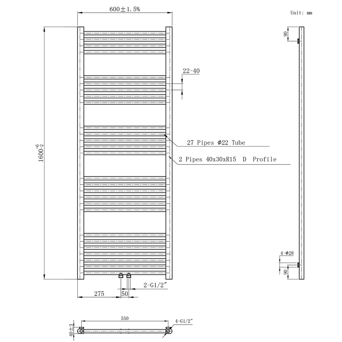 BELRAD Badkamer Radiator Mat Wit Geborsteld – Middenaansluiting
