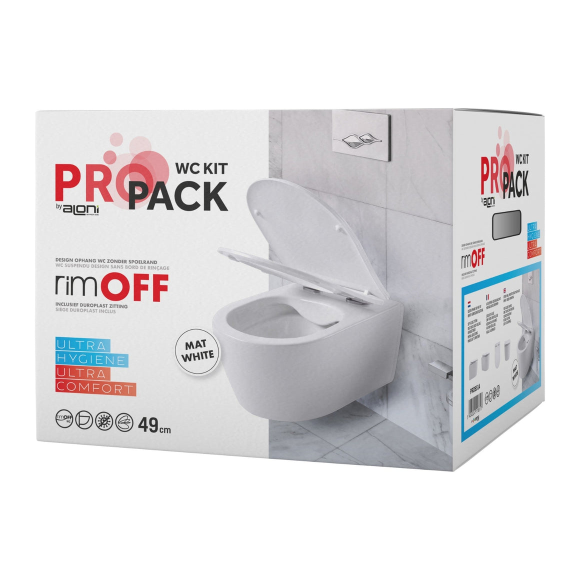 Aloni Pro hangtoilet / ophang WC – randloos – met zitting – compact 49 cm – mat wit #kleur_mat-wit