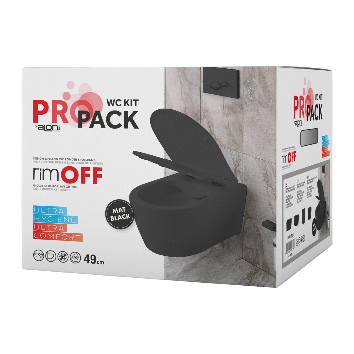 Aloni Pro hangtoilet / ophang WC – randloos – met zitting – compact 49 cm – mat zwart #kleur_mat-zwart