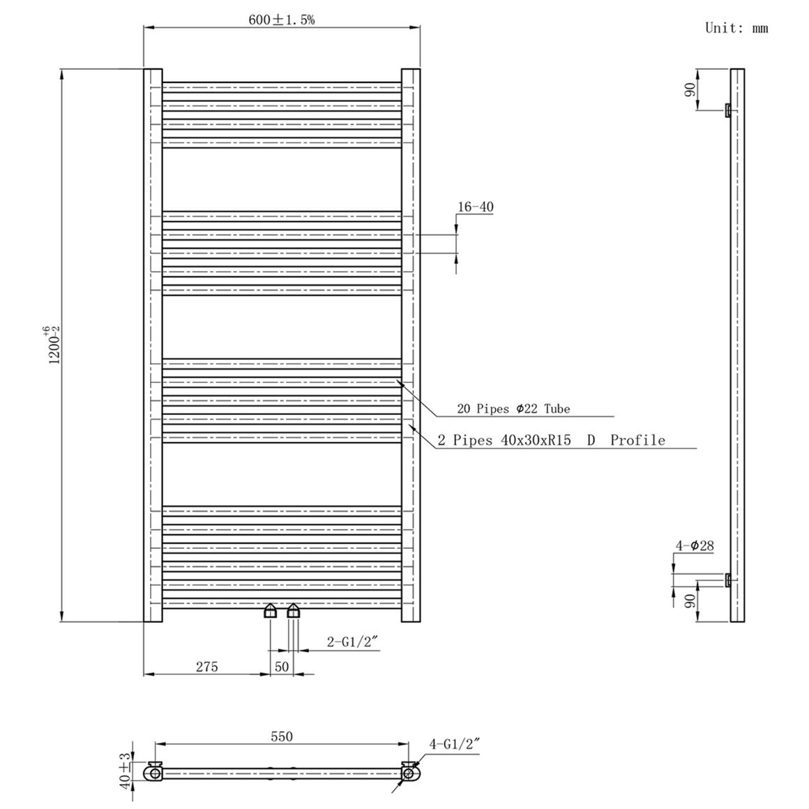 BELRAD Badkamer Radiator Mat Wit Geborsteld – Middenaansluiting