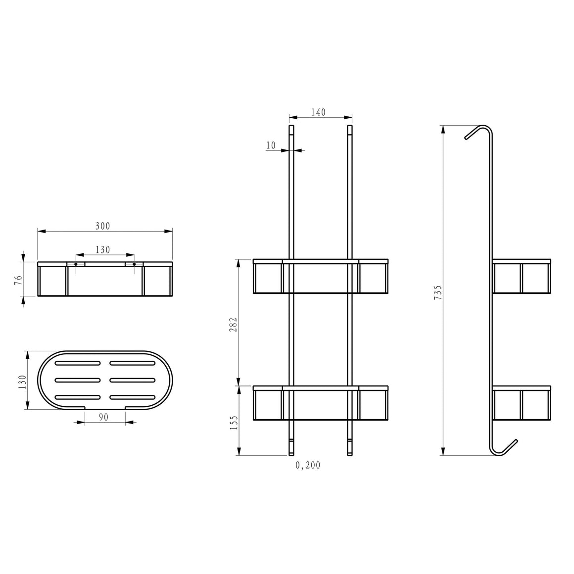 Wiesbaden Style doucherekje Mat zwart - technische tekening