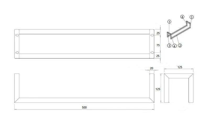 Wiesbaden Loft handdoekrek geborsteld koper PVD 50 x 12.5 x 12.5 cm - technische tekening