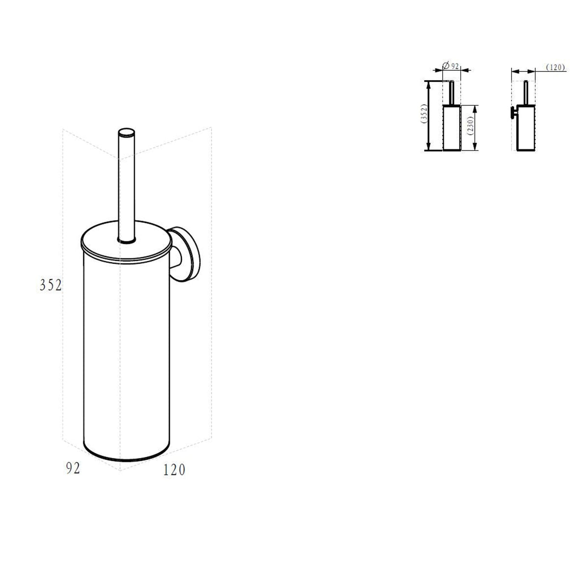 Wiesbaden Alonzo toiletborstel met houder PVD Gunmetal - technische tekening