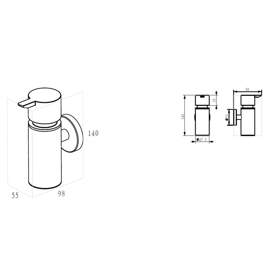 Wiesbaden Alonzo zeepdispenser PVD Geborsteld messing - technische tekening
