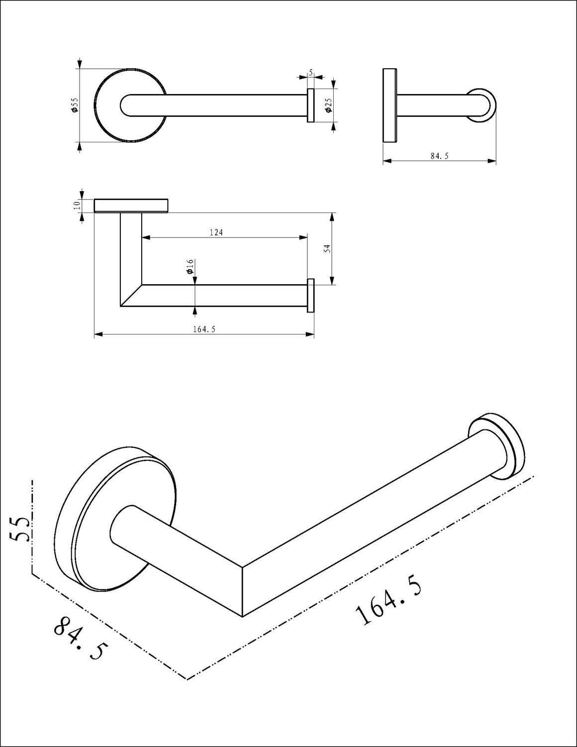 Wiesbaden Alonzo toiletrolhouder met vaste arm PVD Gunmetal - technische tekening