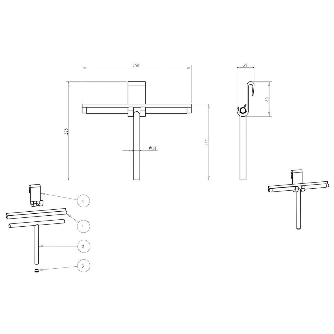 Wiesbaden Alonzo raamwisser met flexibele glashaak Chroom - technische tekening