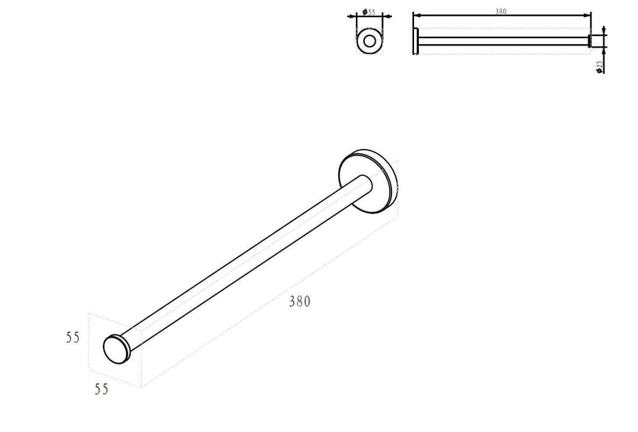 Technische tekening van het Alonzo handdoekenrek met afmetingen in geborsteld messing.