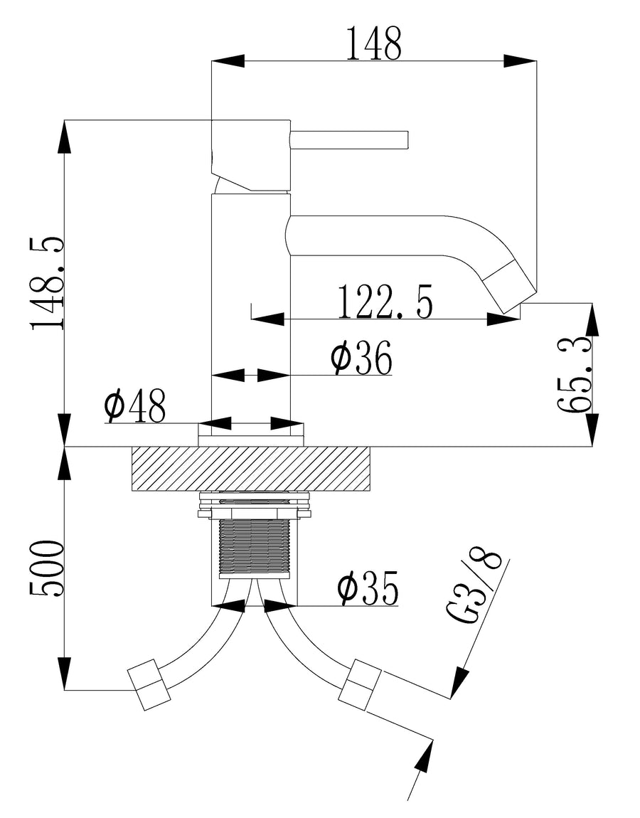 Wiesbaden Style wastafelkraan PVD geborsteld messing - technische tekening