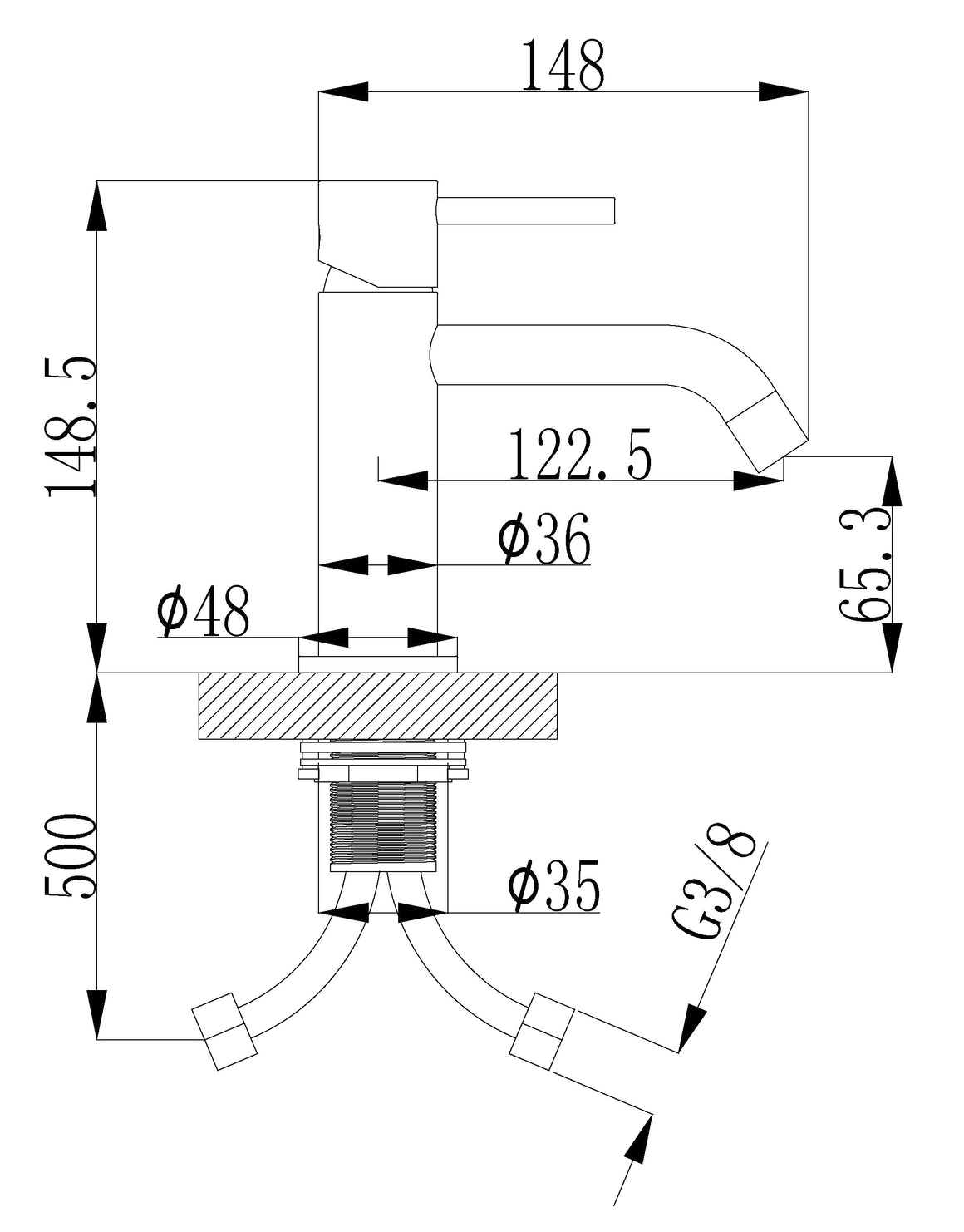 Wiesbaden Style wastafelkraan PVD geborsteld koper - technische tekening