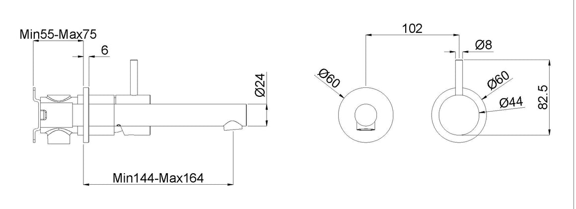 Wiesbaden Style wastafelkraan inbouw Chroom - technische tekening