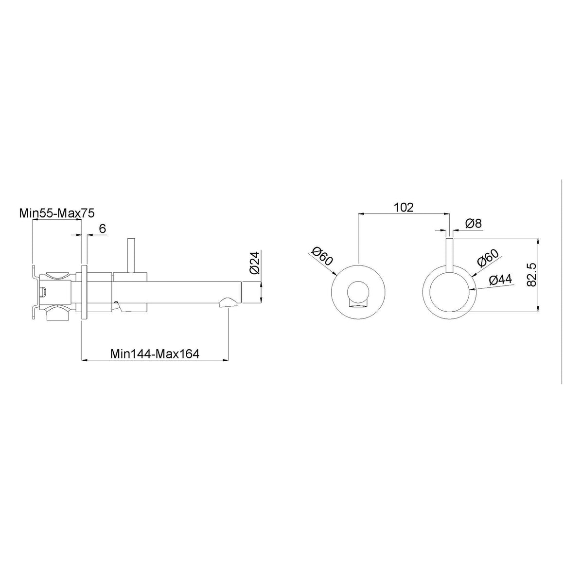 Wiesbaden Style wastafelkraan inbouw Mat zwart - technische tekening