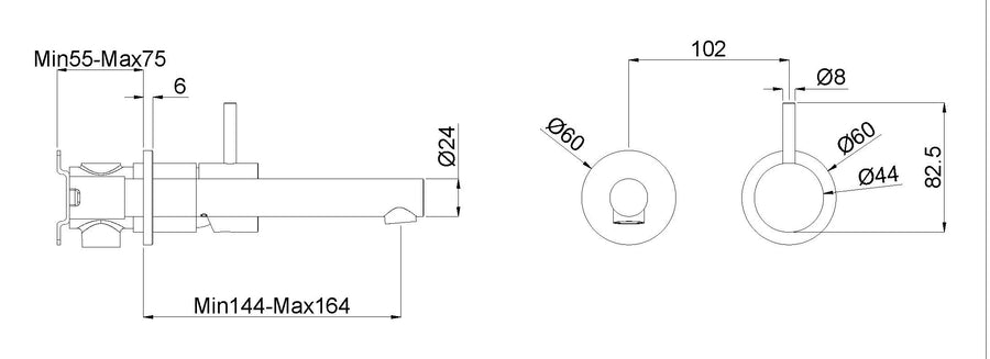 Wiesbaden Style wastafelkraan inbouw PVD gunmetal - technische tekening