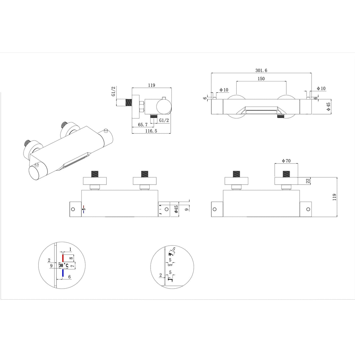 Wiesbaden Style thermostatische badmengkraan waterval Mat zwart - technische tekening