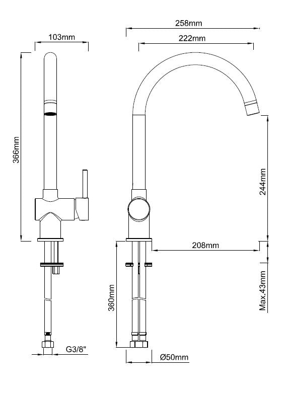 Wiesbaden Caral keukenmengkraan Mat zwart - technische tekening