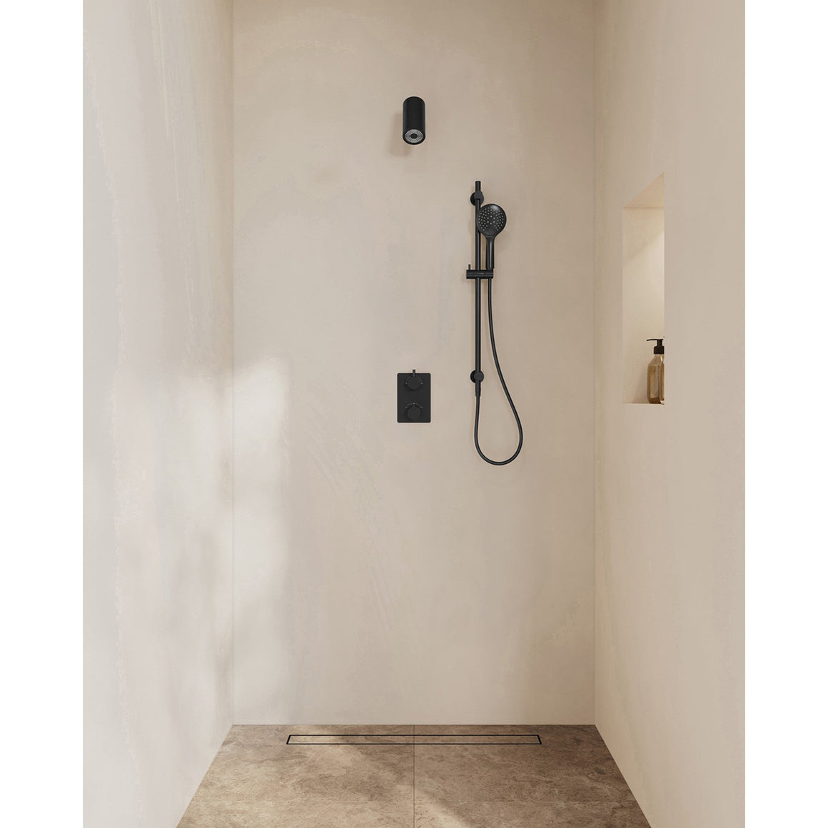 Wiesbaden Caral inbouw regendoucheset thermostatisch 2-weg rechthoekig met Beam hoofddouche, glijstang en 3-standen handdouche Mat zwart - sfeerfoto set